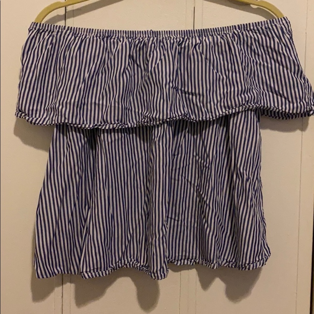 White and blue striped off the shoulder ruffle top